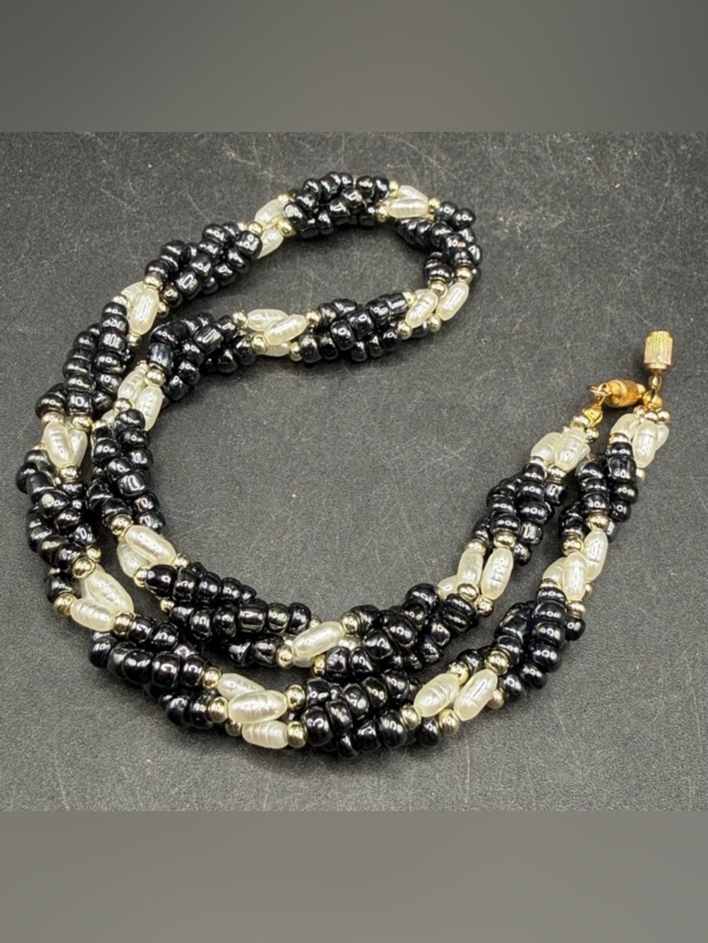 Vintage Pearlescent Bead Black Bead Twist Choker Necklace, Jewelry